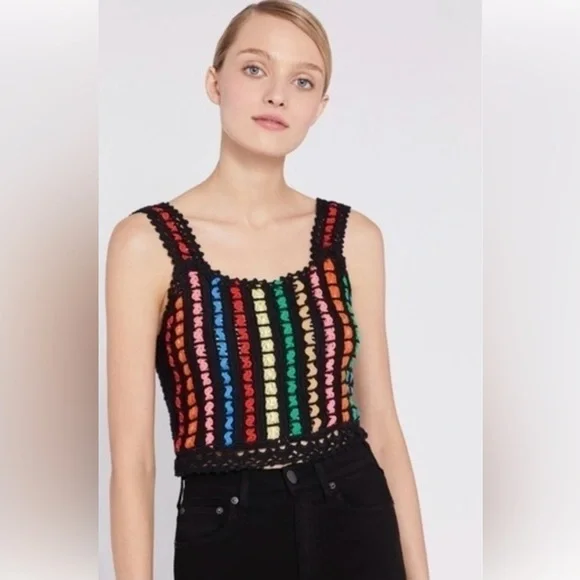 Alice + Olivia Lorri Crochet Tank Top Black / Multi Size S - Picture 4 of 14